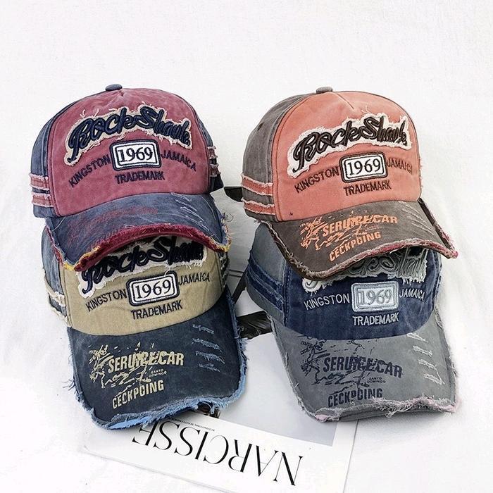 Topi Baseball Cap Denim Sobek Rock Shark Pria Wanita Vintage Pengait