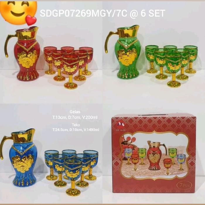 teko set bahan kaca, 1 teko 6 gelas variasi warna kombinasi gold