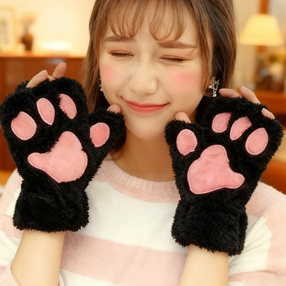 Winter Thickened Fluffy Bear Paw Half Finger Gloves Cute Cartoon Cat Paw Open Finger Gloves For