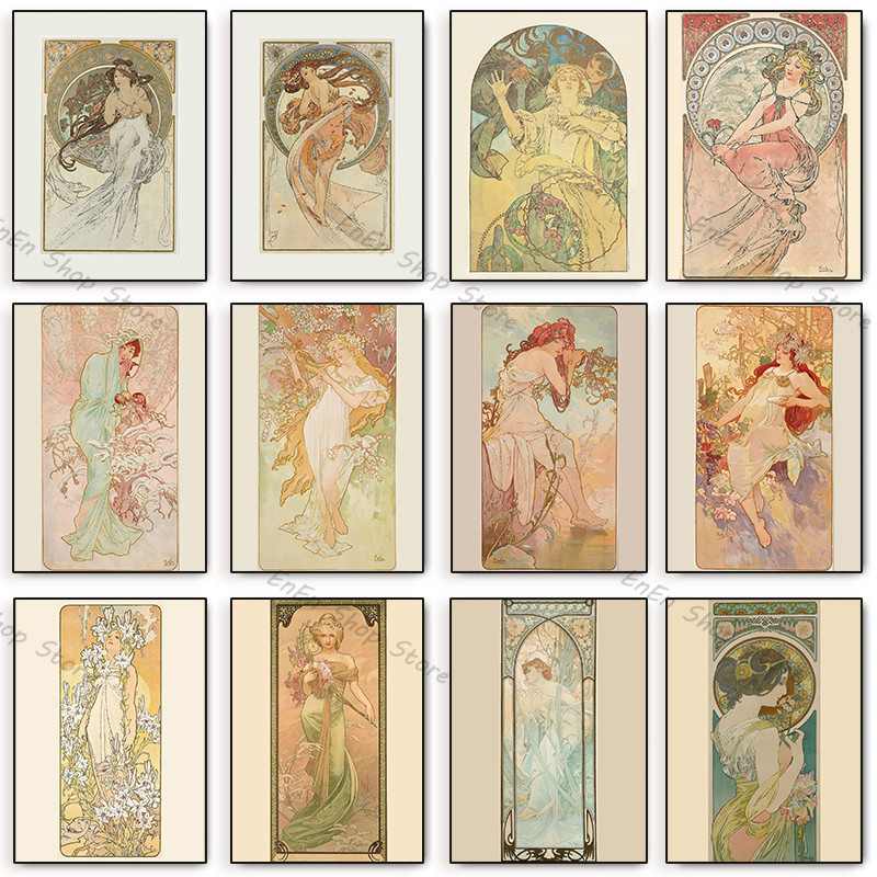 Alphonse Mucha Les Saisons Goddess Wall Art Posters Print Nordic Canvas Painting Vintage Abstract