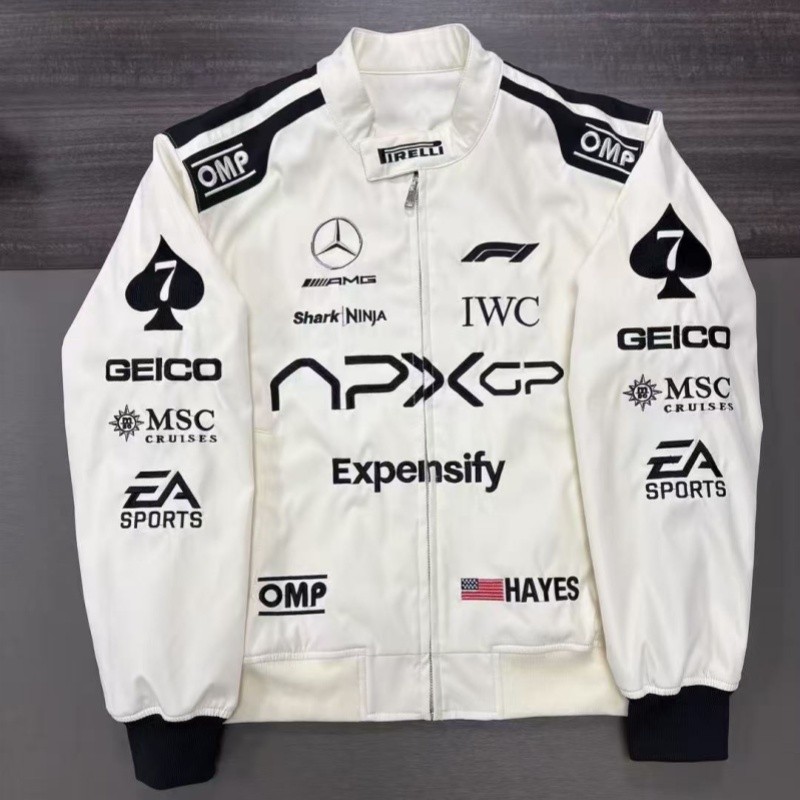 Men's white Mercedes AMG racing jacket 2025 Y2K style with 7 embroidered designs, suitable for car