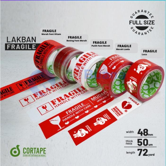 "New" LAKBAN FRAGILE MERAH ISOLASI FRAGILE PUTIH SELOTIP MASKOT CORTAPE 48MM