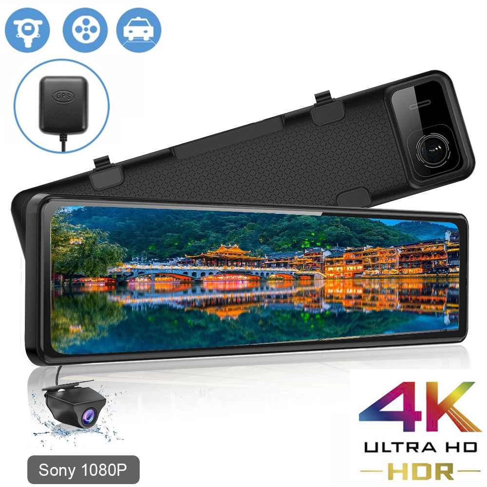 OLOPKY 4K Car DVR 12-inch Touch GPS Rear View Mirror Camera 1080P Rear camera Dash Cam Car Camera Vi