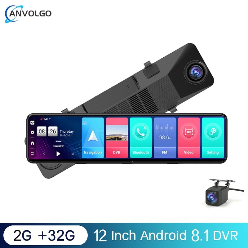 12" Car Rear View Mirror Video Recorder 2GB+32GB 4G ADAS GPS Navigation Android 8.1 DVR Dual Lens Re
