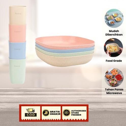 [SPECIAL] FREEMIR SET PIRING 4 PCS + GELAS 4 PCS BAHAN SERAT JERAMI GANDUM FOOD GRADE TAHAN PANAS