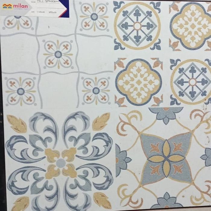 KERAMIK LANTAI 50X50 MOTIF BATIK HABITAT CUTTING GRANIT SANTORINI CAFE