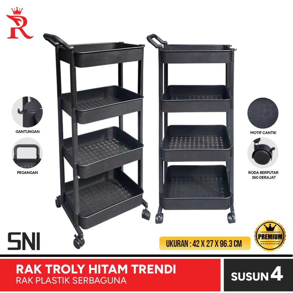 Rak Trendi Rak Roda Serbaguna Susun 4 Hitam