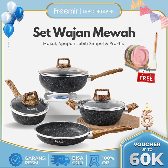 [MasihNgekost] freemir Paket Wajan 7 Pcs Panci 26/20/20/16 Cm Hitam BONUS Set Piring 4 Pcs + Spatula