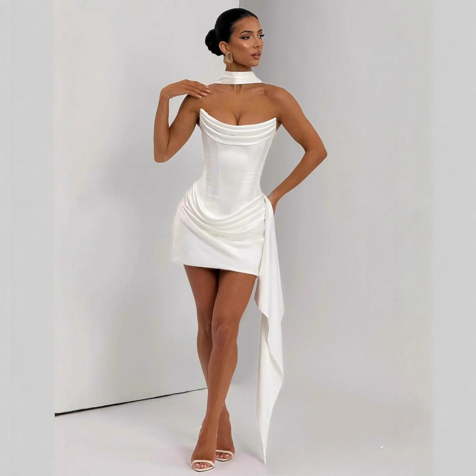 Suninheart Elegant Strapless Corset Dress White Satin Draped Dress With Scarf Women Cocktail Party