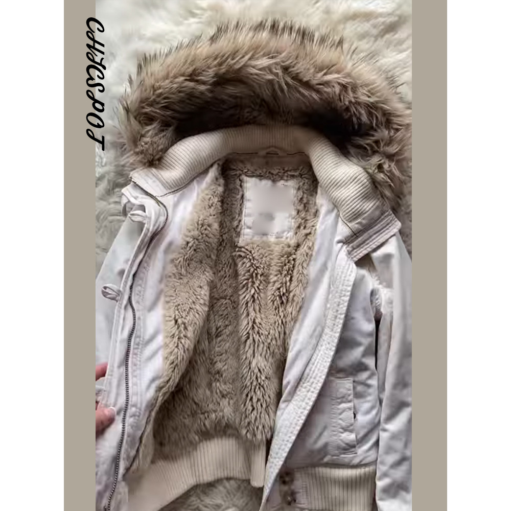 Fleece-lined Hooded Faux Fur Spliced Slim Bomber Jacket Women Fashion Long Sleeve Zipper Autumn