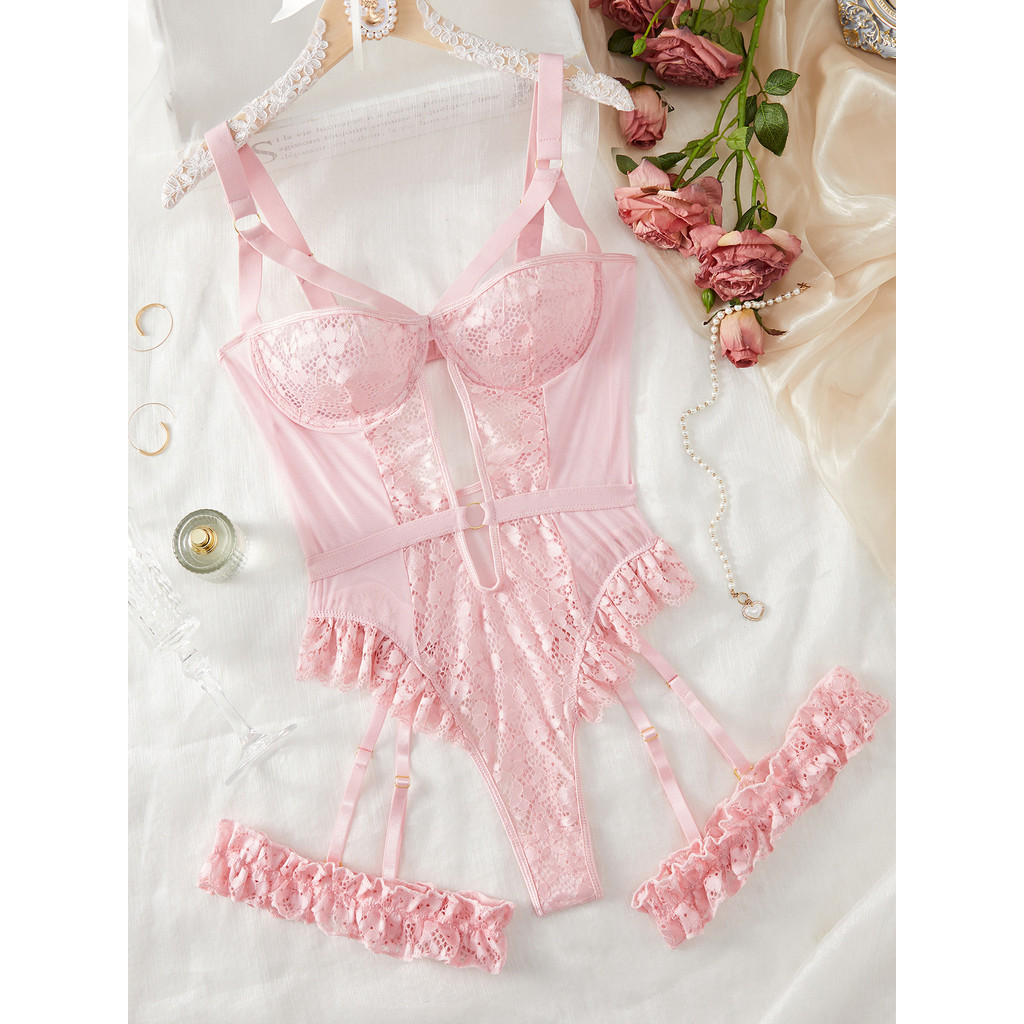 2Pcs Red Floral Lace Garter Lingerie Set With Choker Women Intimates 2022 Underwire Bra And Thongs