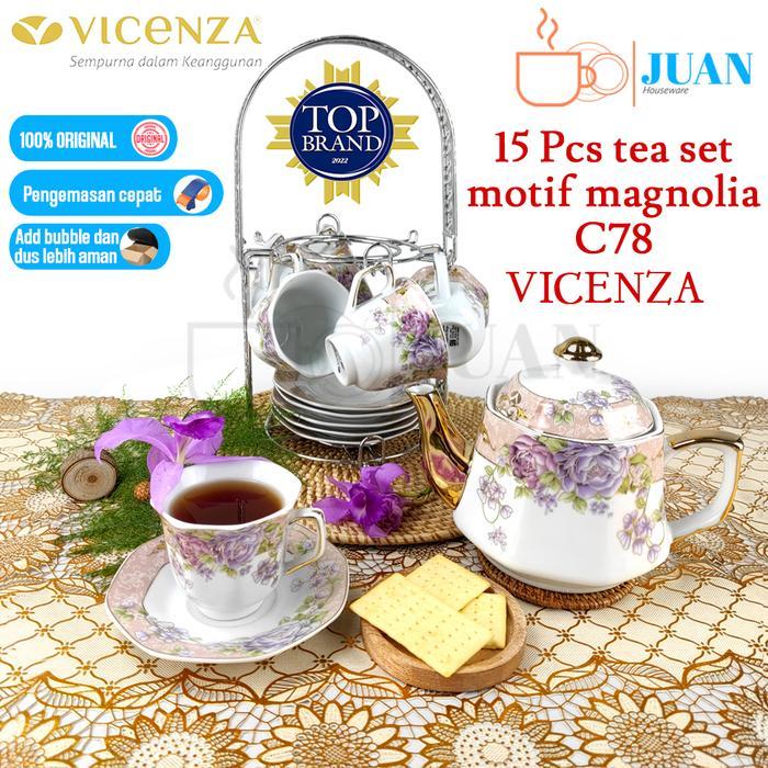 Tea set keramik teko + rak vicenza / coffee set motif magnolia CA-78