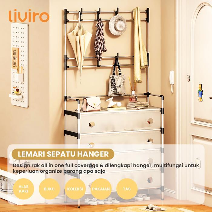 Liviro Rak Sandal Sepatu Stainless 6 Susun Tertutup Kokoh dengan Gantungan Tas Topi Minimalis