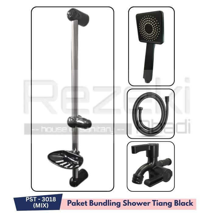 Toto Sanitary - Paket Bundling Shower Tiang Kotak Hitam Kombinasi Dan Kran Cabang - Shower Mandi -