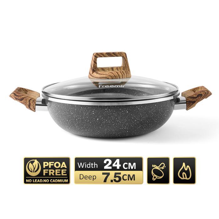 [MEGA SALE] freemir Wajan Hitam Panci Wajan Anti Lengket 24 cm Set Wajan+Tutup Kaca Batu Granit