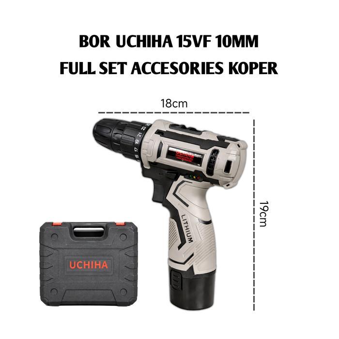 Mesin Bor Cordless Uchiha 15Vol Baterai Cas Charger Tanpa Kabel Ori