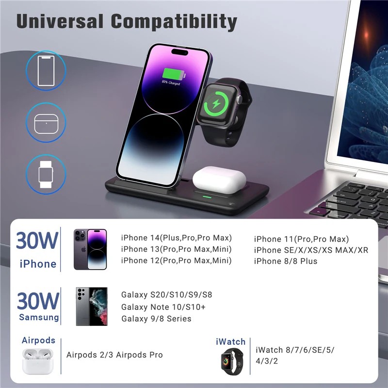 30W 3 in 1 Fast Wireless Charger Stand For iPhone 15 14 13 12 11 Apple Watch Airpods Pro iWatch 8 7
