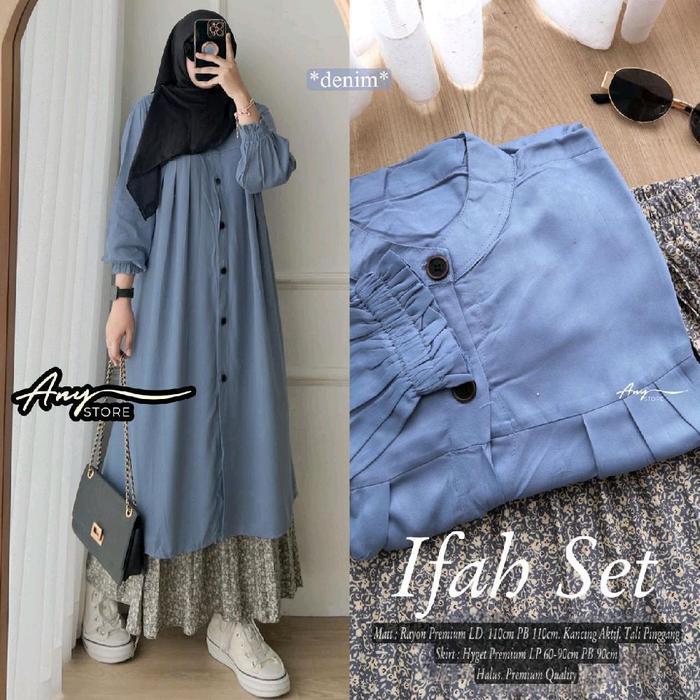 Ifah One Set Tunik Dan Rok By A.N.Y Store Long Tunik Rayon Rok Plisket Motif Bunga Skirt Plisket