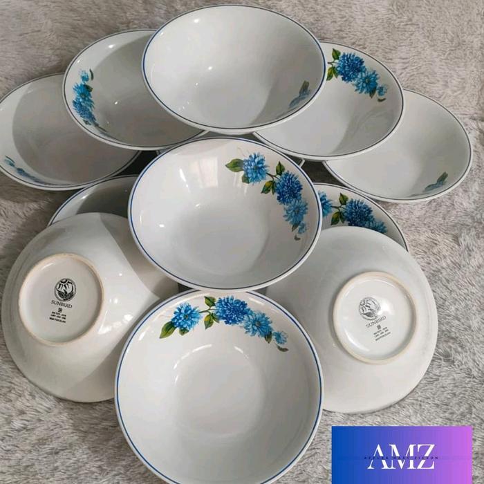 Set 6 Mangkok Keramik Sunbird Motif Bunga Biru Dan Putih - Blue, Buah