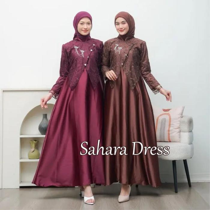 Dress Sahara Brokat Terbaru Gamis Lebaran Elegan Mewah Muslimah Modern Bahan Premium Long Dress
