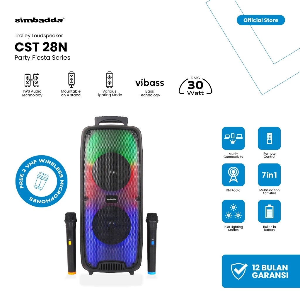 Simbadda CST 28N - Speaker Bluetooth Portable Super Bass 30W + 2 Mic Wireless RGB TWS