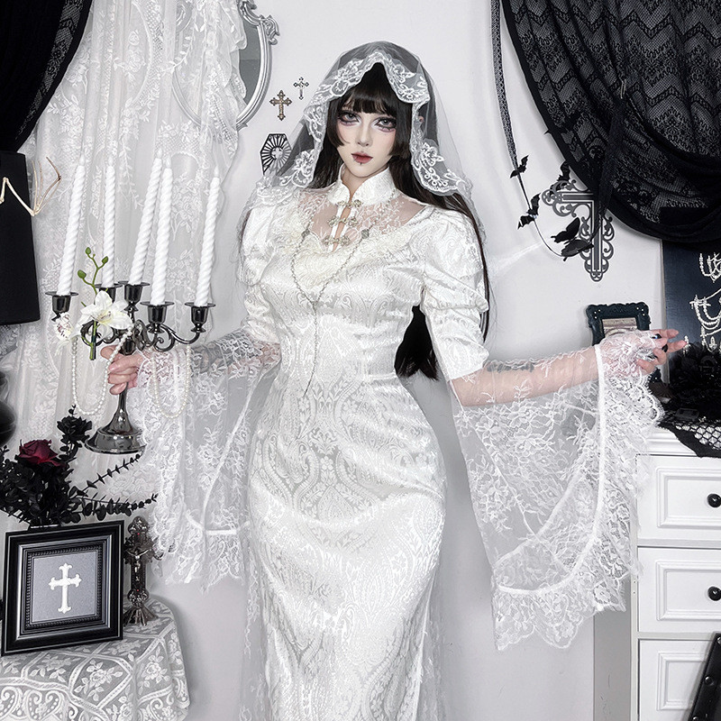 Vintage Gothic Lace Jacquard Fishtail Cheongsam Dress Subculture Long Sleeve Slim White Dress