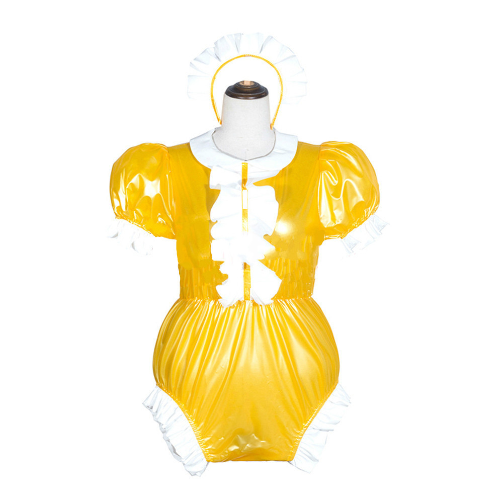 23 Colors Puff Short Sleeve Maid Cosplay Costume Sexy Wetlook Pvc Bodysuit Women High Cut Jumpsuit