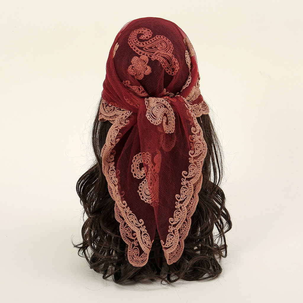 Lace Paisley Embroidery Bandana Scarf Elegant Breathable Silk Scarves Women Sunscreen Shawl Headband