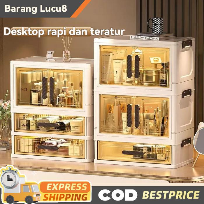 Kotak penyimpanan kosmetik desktop tahan debu dengan laci, meja rias, lemari rak penyimpanan masker