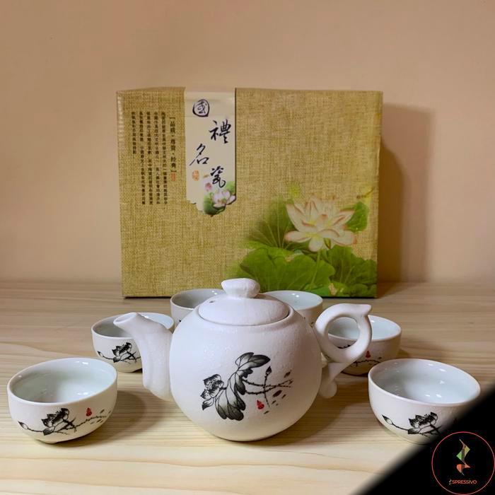 TEKO + 6 CANGKIR TEH KERAMIK GELAS PUTIH CHINESE TEA SET [702]