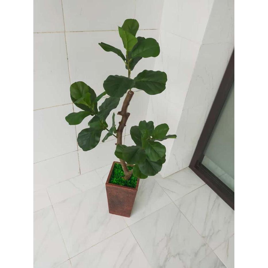 Pohon Ketapang Artificial Bunga Plastik Tinggi 100Cm Lengkap Dengan Pot Dan Batuan Dqun 3 Cabang