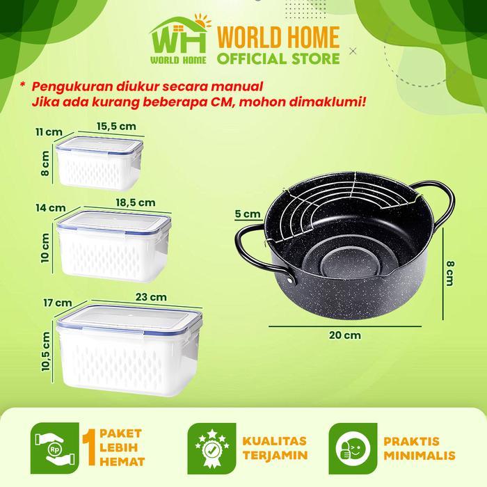 WHI PAKET Kotak Penyimpanan Serbaguna + Panci Penggorengan dengan Tirisan
