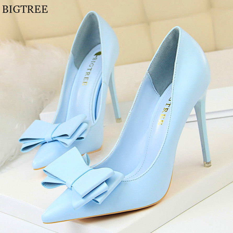 BIGTREE Red Blue Black Shoes Bowknot Sweet Woman Pumps Soft Leather Pointy Toe Women High Heels Stil