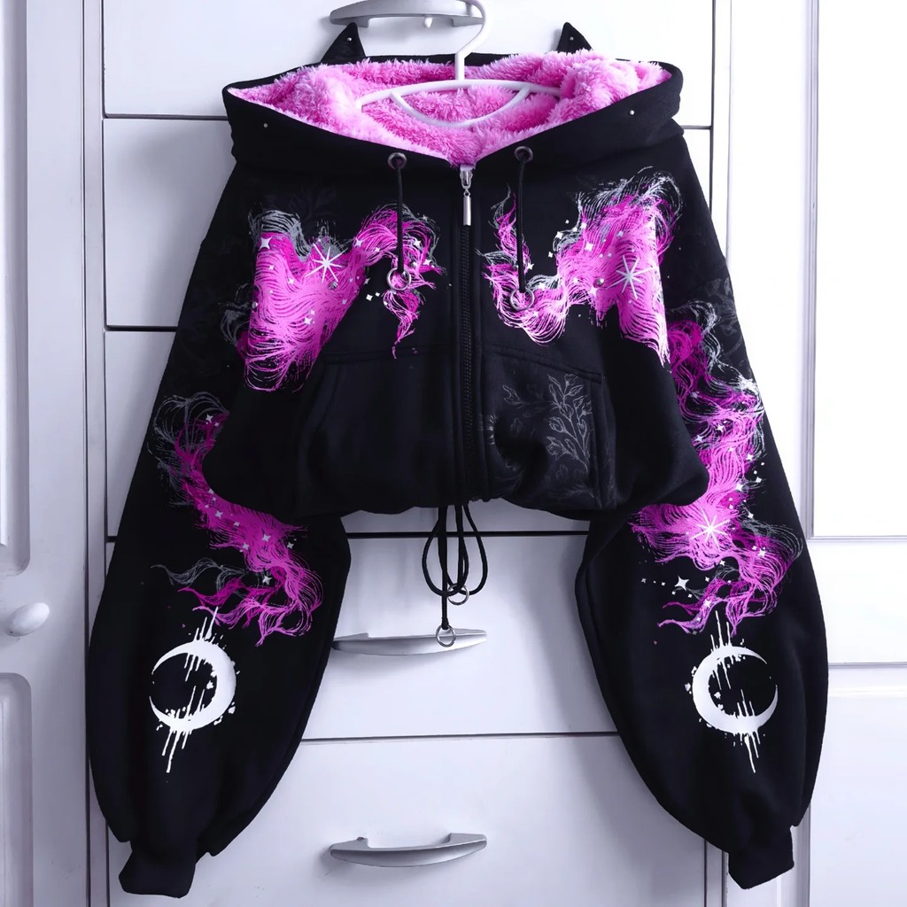 Womens Fashion Gothic Style Y2K Clothing Zipper Hoodie Cute Devil Horn Slim Fit Short Hoodie Long