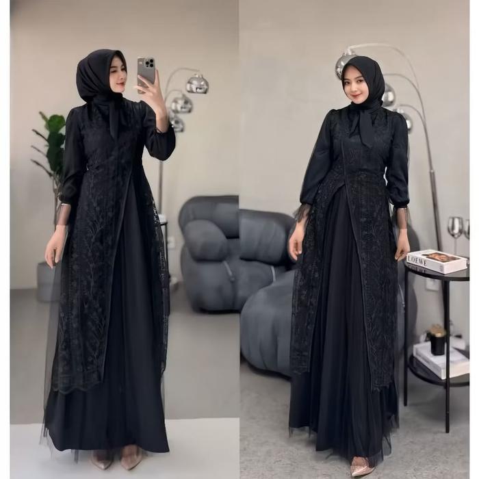 Best Seller Gamis Brokat 2025 Model Baru Shabira Dress Silk Kombinasi Brokat Burgundy Baju Lebaran