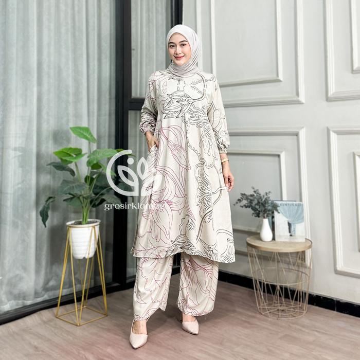 One Set Tunik Clara Rayon Batik Premium Jumbo Rempel Busui Atasan Bawahan Wanita Celana Kulot