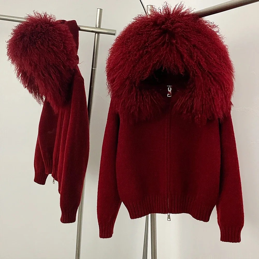 Coat Women Cardigan Natural Fox Fur Coat Women Real Mongolian Fur Knitwear Female Spring Autumn