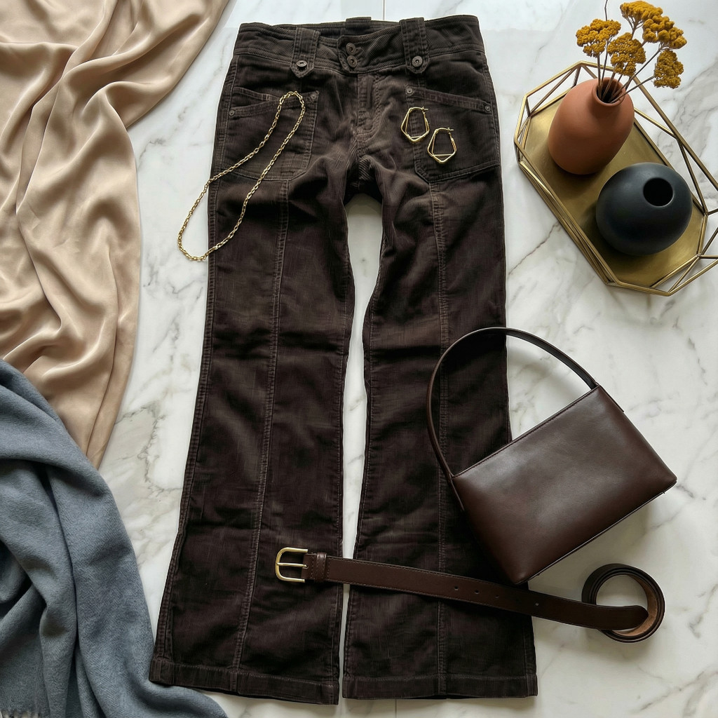 Y2K Harajuku Brown Wide Leg Flare Jeans Womens Low Rise Multi Pocket Cargo Jeans Gothic Casual