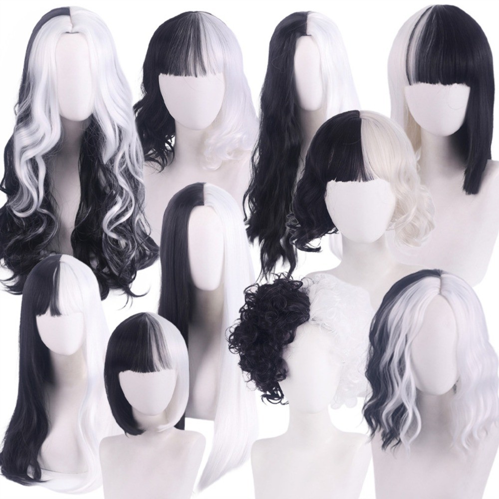 Cosplay Halloween Party Wigs Cruella Deville De Vil Black White With Bangs Bob Hair For Women