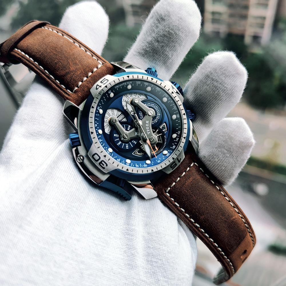 Reef Tiger/RT Luxury Brand Blue Military Watch Men Leather Strap Steel Automatic Watch Waterproof
