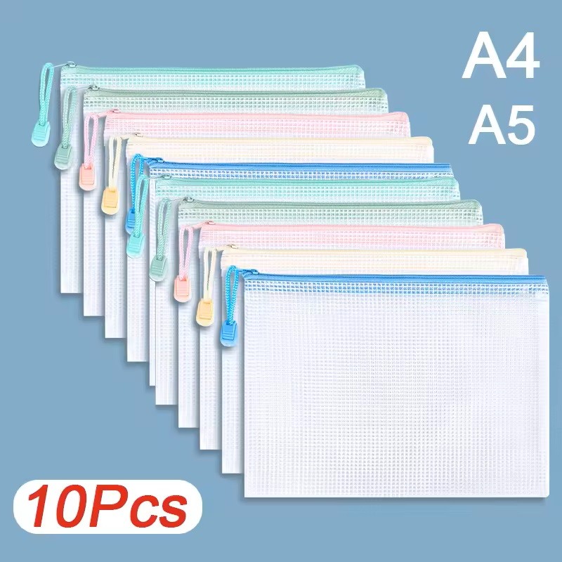 10Pack Mesh Zipper Bag Pouch Waterproof A3 A4 A5 PVC Mesh Zipper Storage Bag for Files Toy