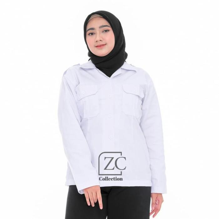TERMURAH Atasan Kemeja Putih, Wanita Baju Pdh Putih , Kemeja Kerja Wanita Blazer Saku Atas Panjang