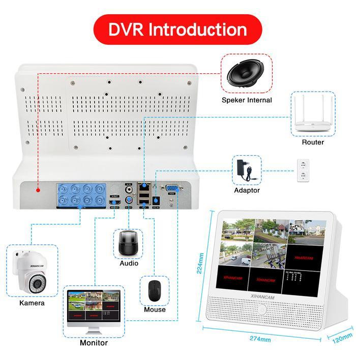 XIHANCAM Paket CCTV 8 Channel 5MP Kit Kamera CCTV Analog PTZ Audio Paket DVR Dengan Monitor Komplit