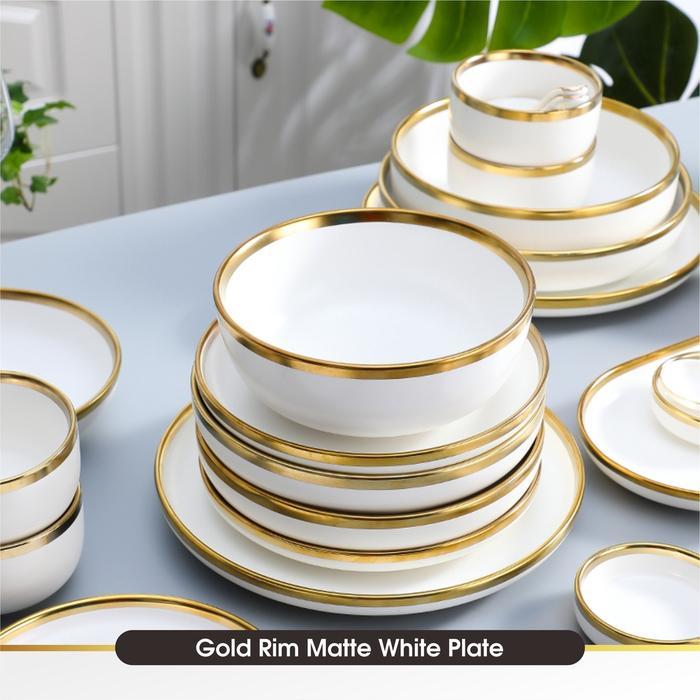 PIRING KERAMIK SET PUTIH DINNER PIRING MANGKOK PINGGIRAN EMAS MEWAH