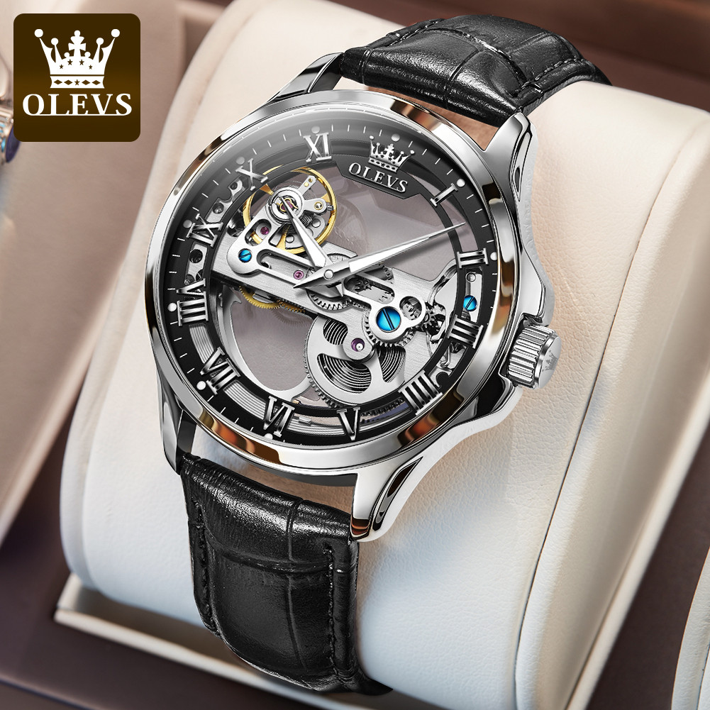 OLEVS 6661 Full Transparant Skelton Flywheel Automatic Mechanical Men's Watch Leather Strap Luxury