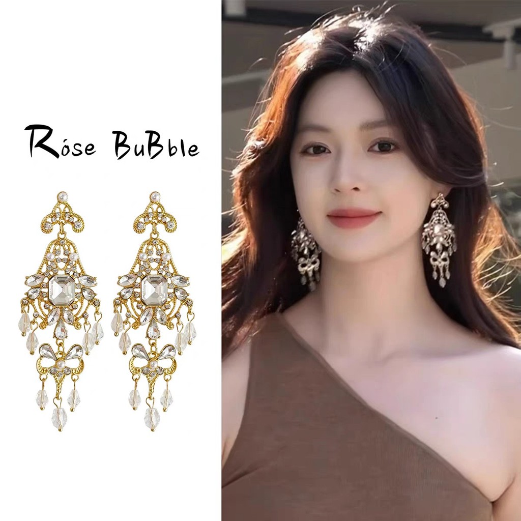 French Long Tassel Earrings Women's Elegant Diamond Flashing Court Style Geometric Alloy Ear Drops
