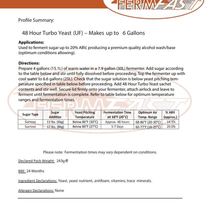 LD CARLSON FERMFAST 48 HOUR TURBO YEAST 243G FOR 25L