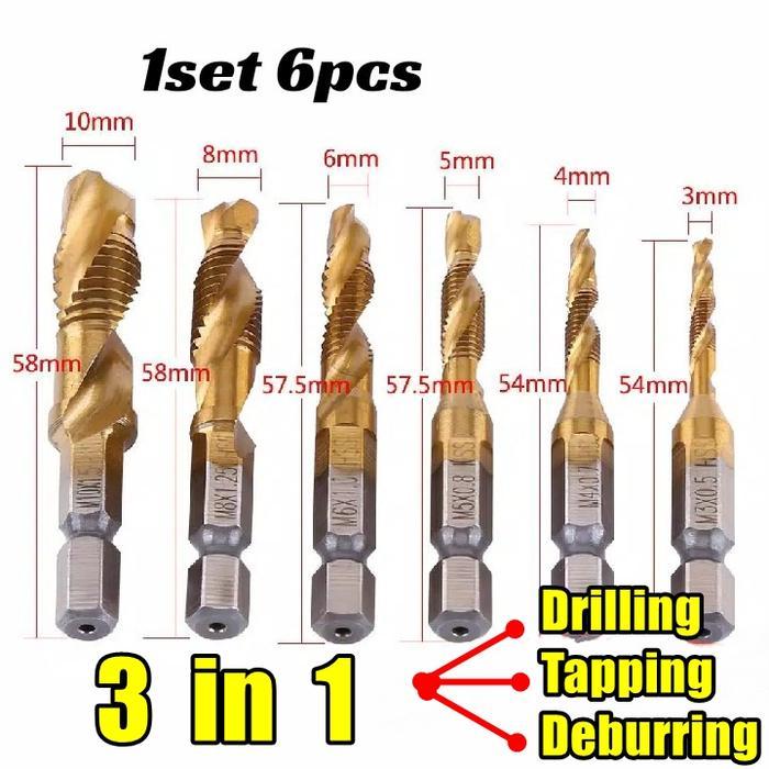 set 6pc mata bor pembuat ulir drat mata bor drilling tapping deburring