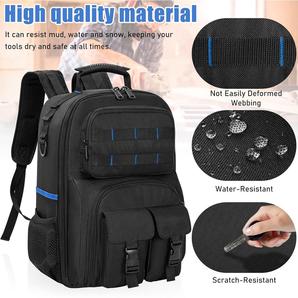 Tool Backpack, Heavy Duty Tool Bag with Padded Shoulder and Removable Tool Organizer,