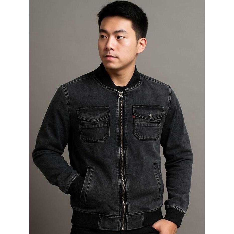 EIGHTEEN MAMIMA jaket jeans denim pria krah boomber resleting hitam lengan panjang casual distro